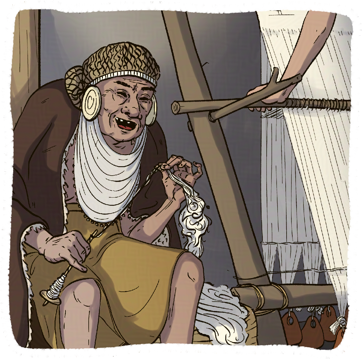 Scène de vie au Néolithique avec des personnages effectuant différentes activités liées aux textiles